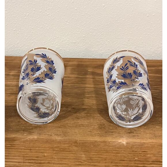 Vintage Frosted Glasses Blue Leaf Design Gold Rim Barware Mid Century - Picture 6 of 6